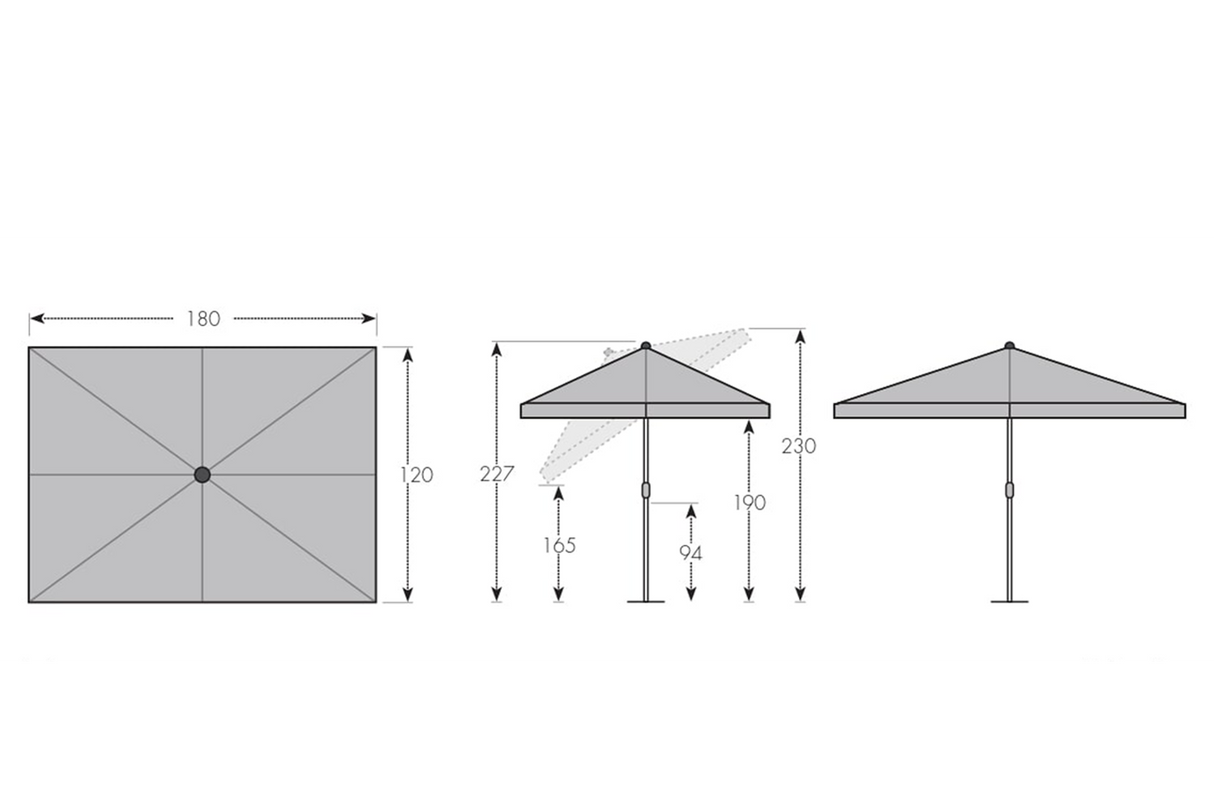 Active rektangulär parasoll med tilt 180 x 120 cm